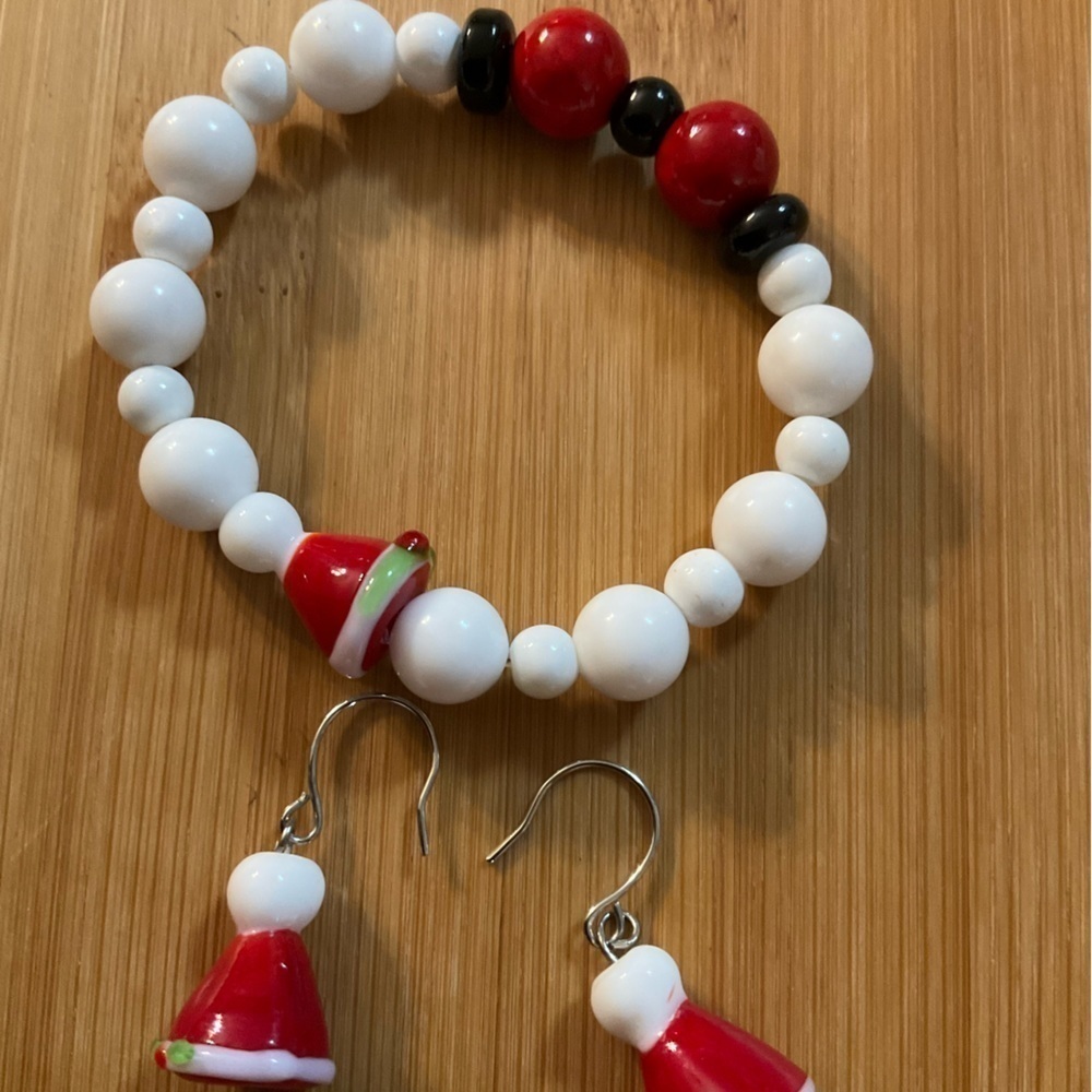 Hand Crafted Santa Claus Hat Earrings and Stretch Bracelet Red White Christmas